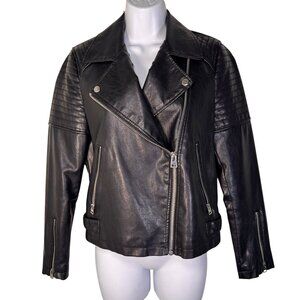 Topshop Black Faux Leather Moto Jacket Coat Biker Rock & Roll Metal Zippers Sz 6